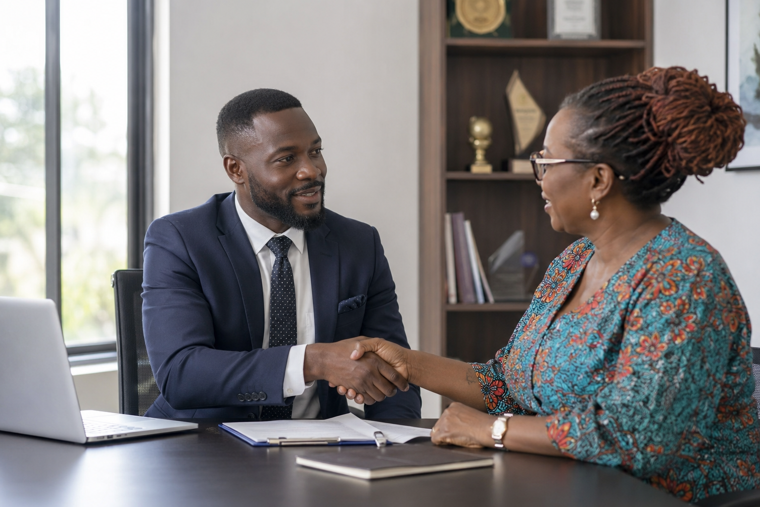 Corporate marketer shaking hands with a school proprietor in an office