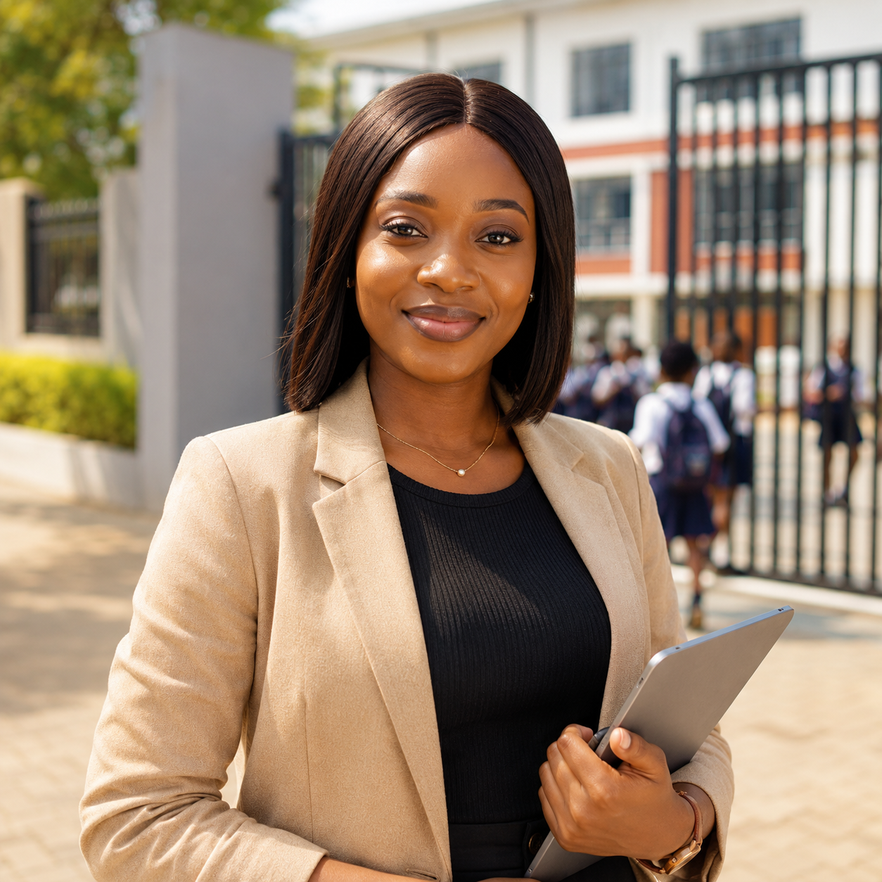 Cyfamod referral agent standing outside a Nigerian school gate with a tablet
