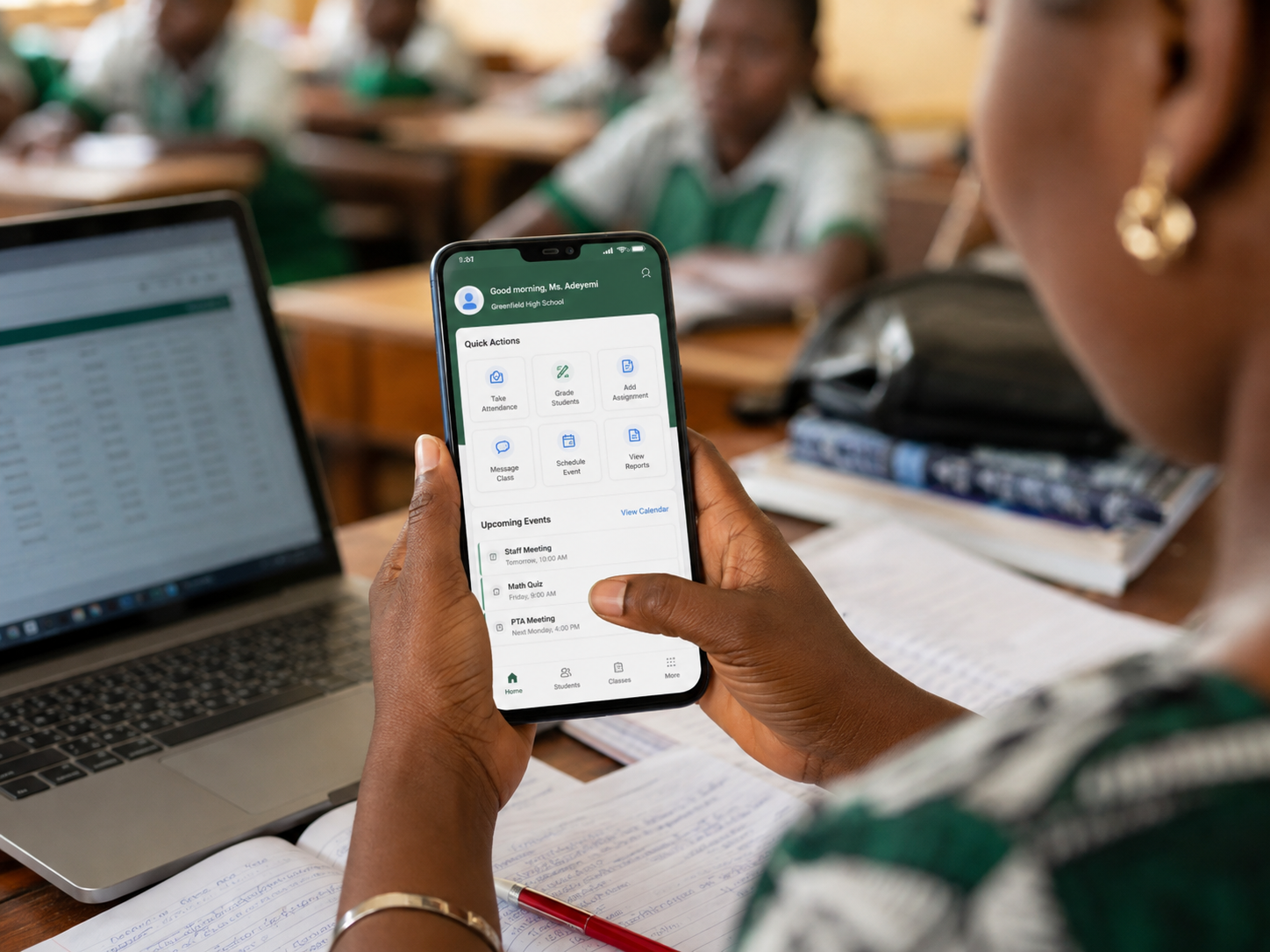 Nigerian teacher using school management app on her phone in a classroom with students