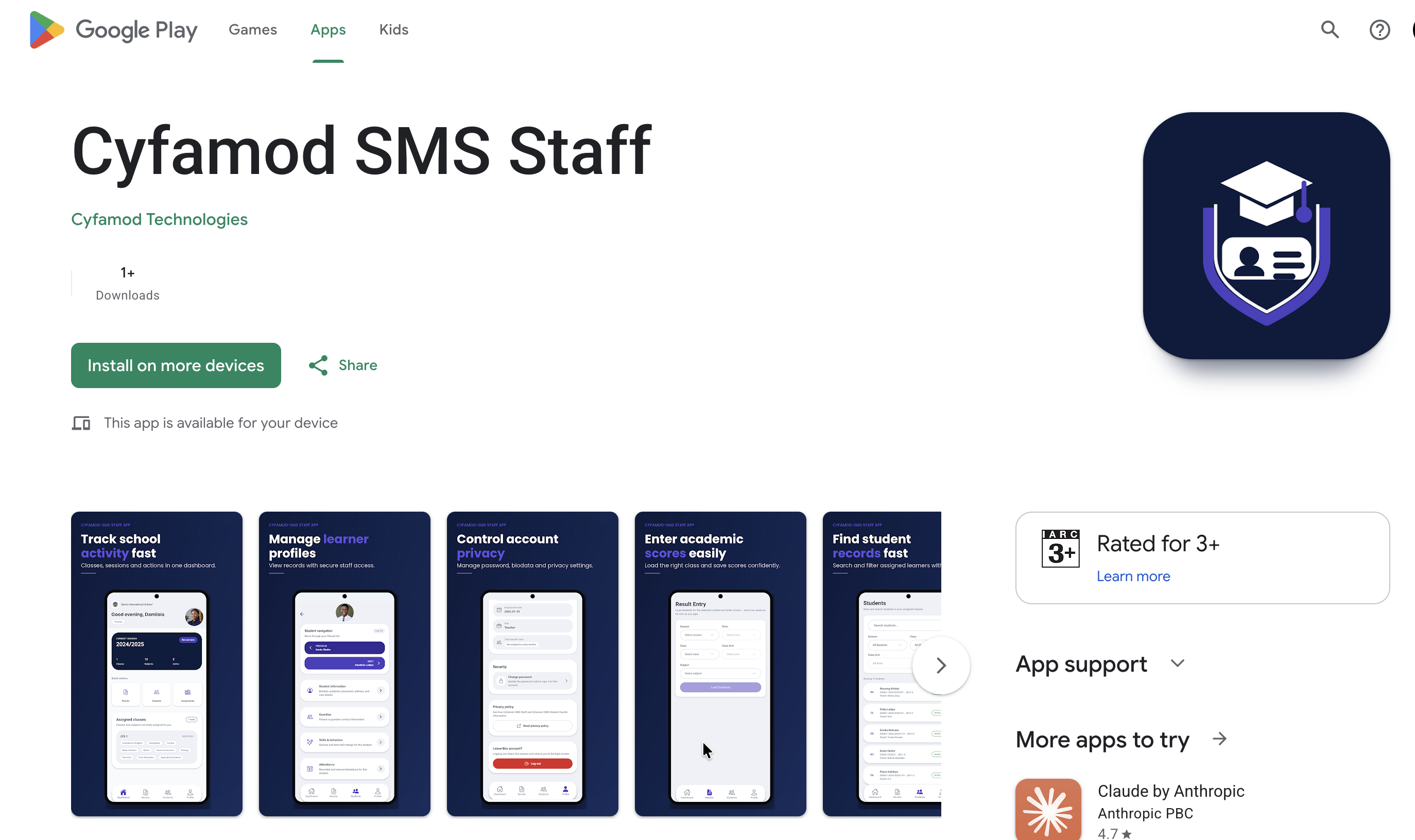 Google Play listing for Cyfamod SMS Staff