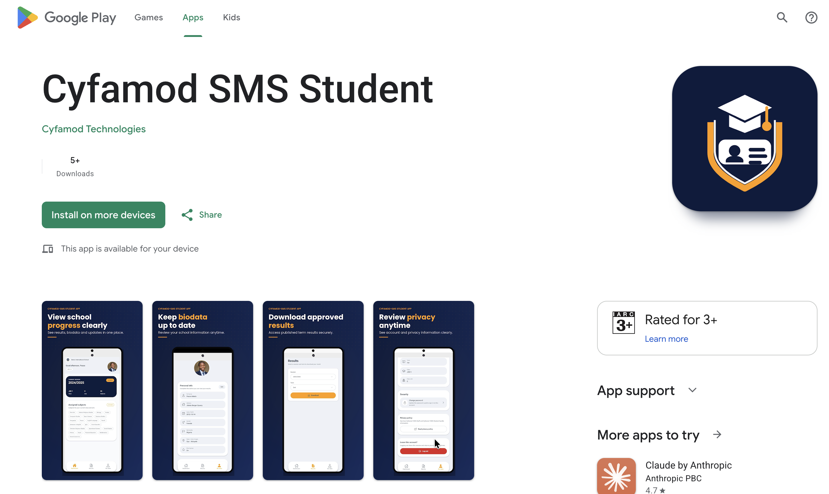 Google Play listing for Cyfamod SMS Student