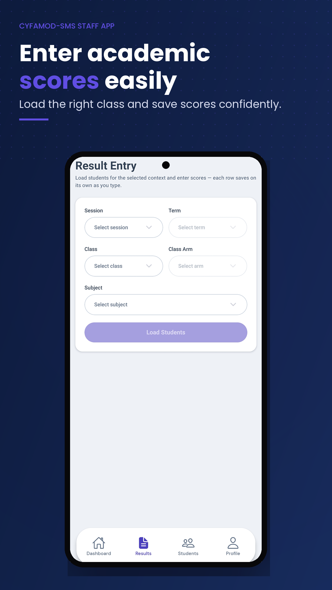 Cyfamod staff result entry screen for selecting a class and subject