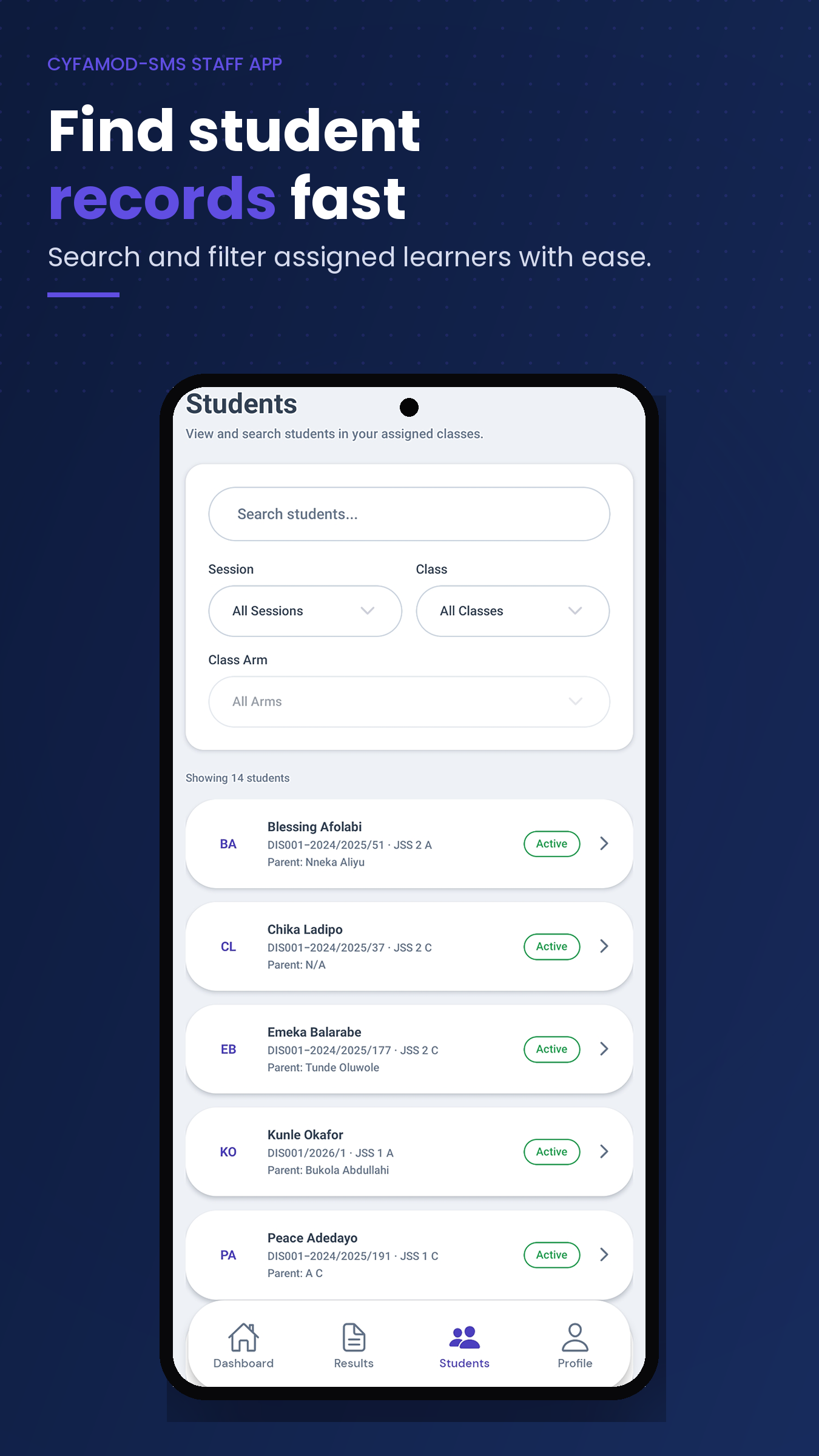 Cyfamod staff app student search and filter screen