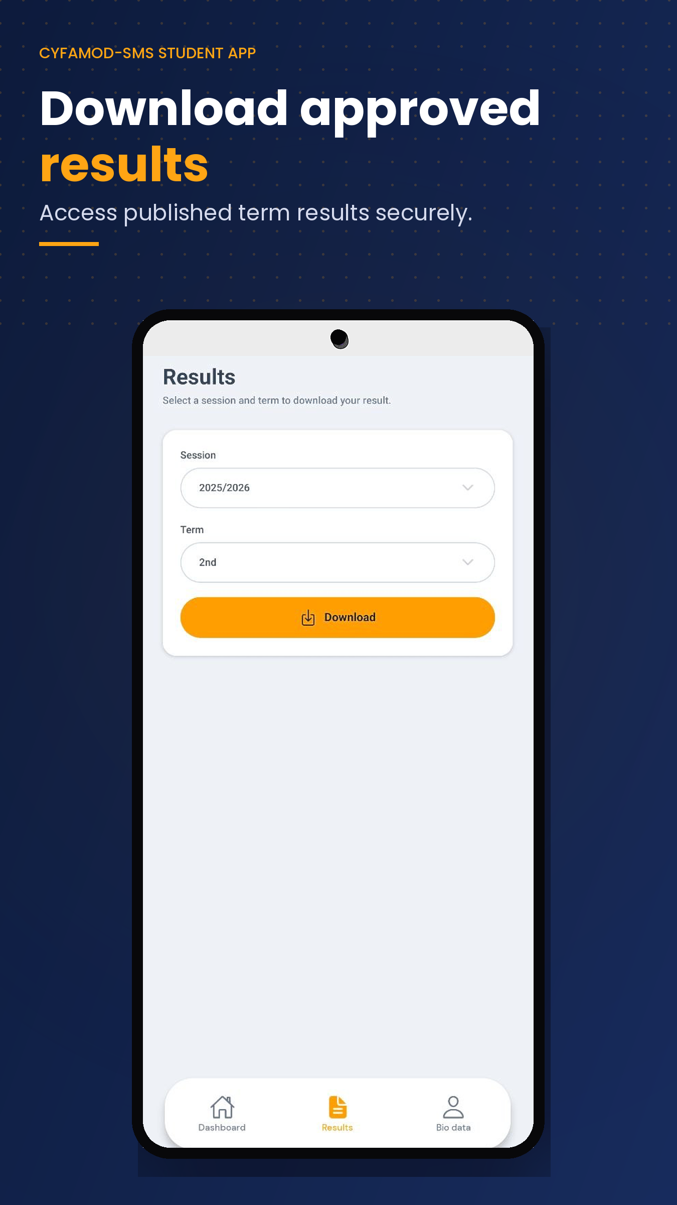 Cyfamod student app results download screen